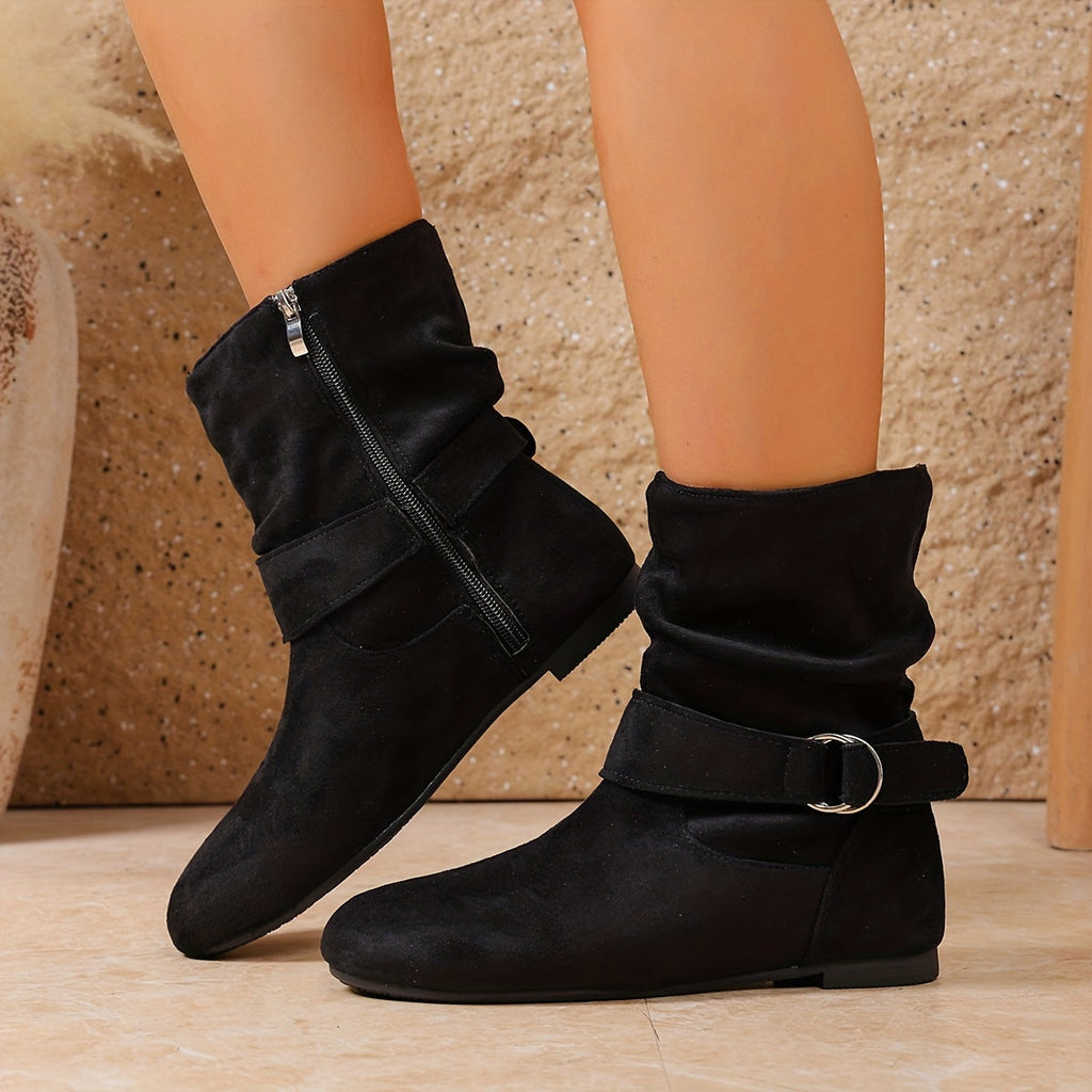 Slouch Boots Suede Black Women's Buckle Flat Mid-Calf – Casual, Autumn Everyday Wear