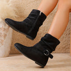 Slouch Boots Suede Black Women's Buckle Flat Mid-Calf – Casual, Autumn Everyday Wear