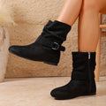 Slouch Boots Suede Black Women's Buckle Flat Mid-Calf – Casual, Autumn Everyday Wear