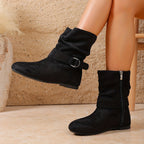 Slouch Boots Suede Black Women's Buckle Flat Mid-Calf – Casual, Autumn Everyday Wear