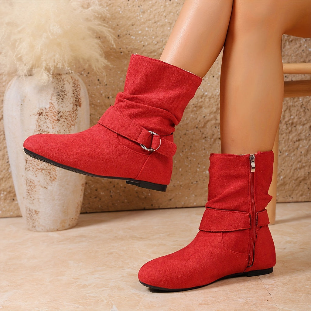 Slouch Boots Suede Black Women's Buckle Flat Mid-Calf – Casual, Autumn Everyday Wear