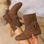 Slouch Boots Suede Black Women's Buckle Flat Mid-Calf – Casual, Autumn Everyday Wear