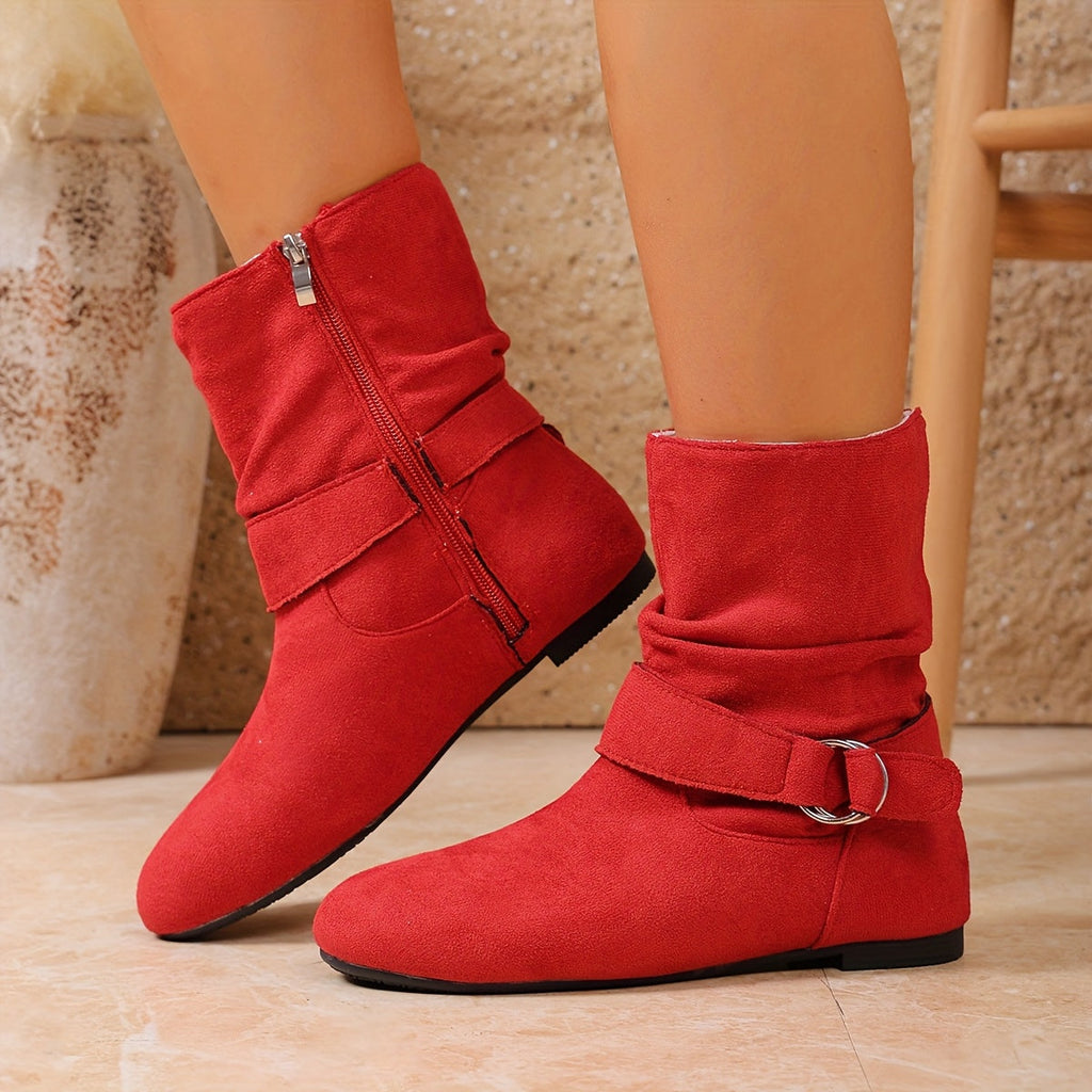Slouch Boots Suede Black Women's Buckle Flat Mid-Calf – Casual, Autumn Everyday Wear