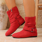 Slouch Boots Suede Black Women's Buckle Flat Mid-Calf – Casual, Autumn Everyday Wear