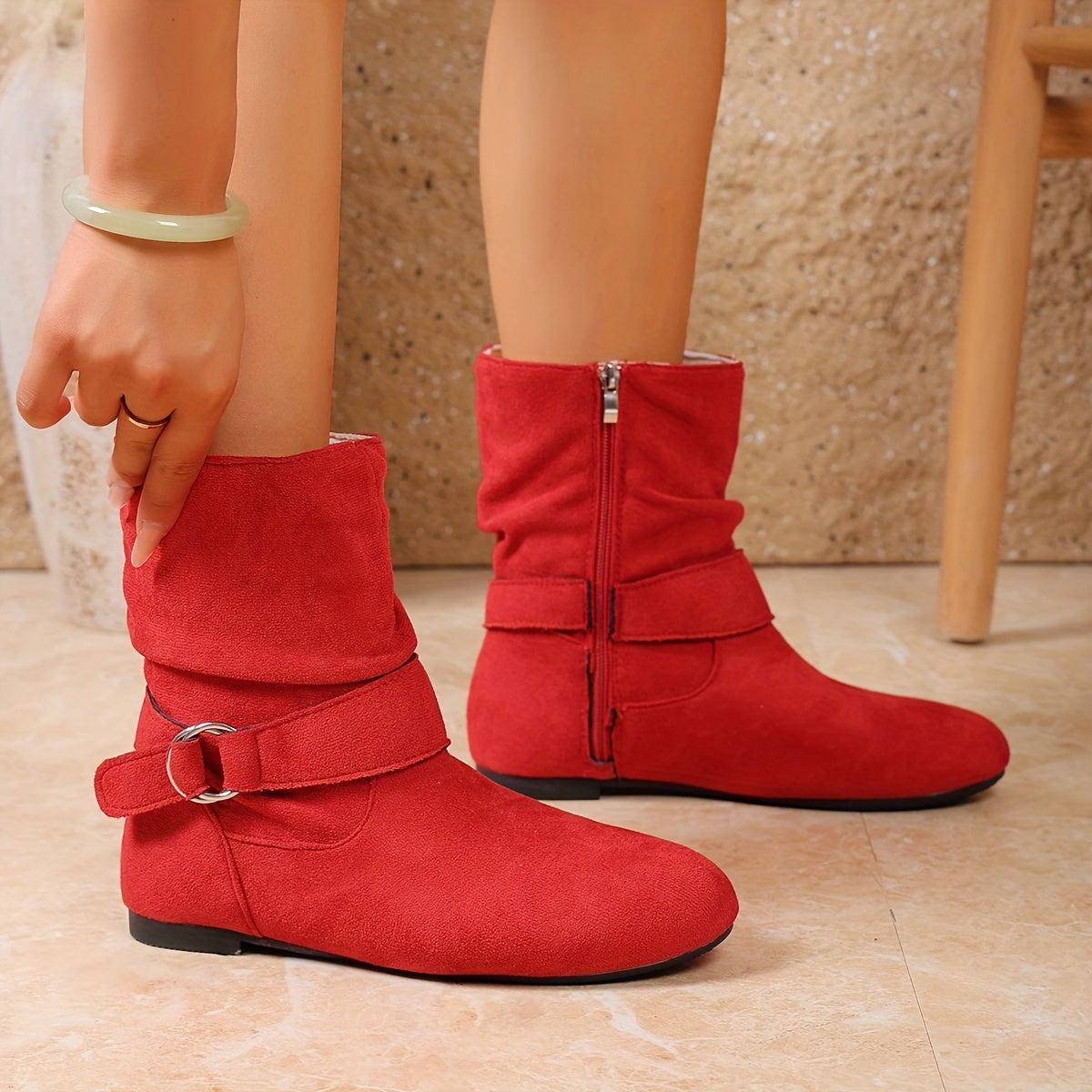 Slouch Boots Suede Black Women's Buckle Flat Mid-Calf – Casual, Autumn Everyday Wear