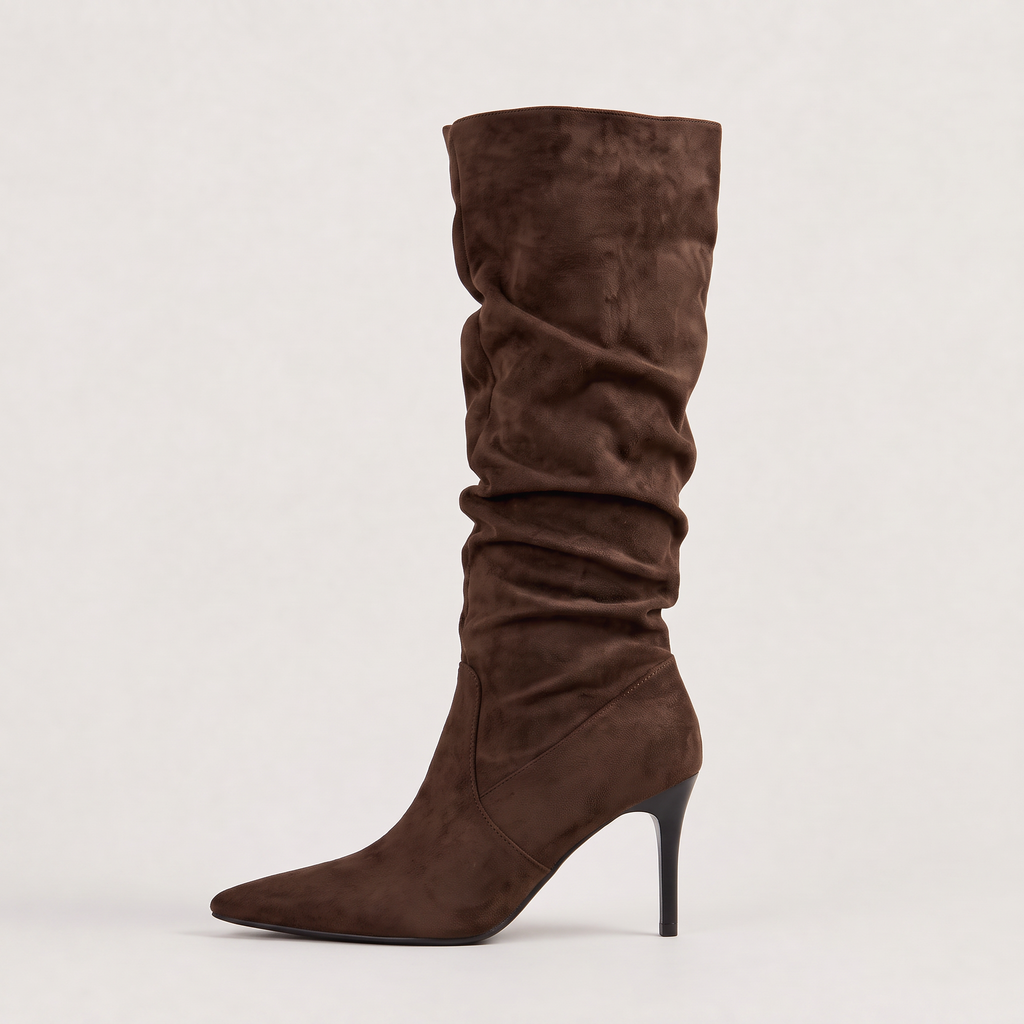 Slouch Knee High Boots Leopard Print Suede-Style Women's Pointed Toe Heel – Casual, Office, Holiday