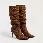 Slouch Knee High Boots Leopard Print Suede-Style Women's Pointed Toe Heel – Casual, Office, Holiday