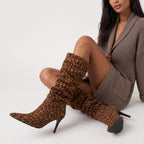 Slouch Knee High Boots Leopard Print Suede-Style Women's Pointed Toe Heel – Casual, Office, Holiday