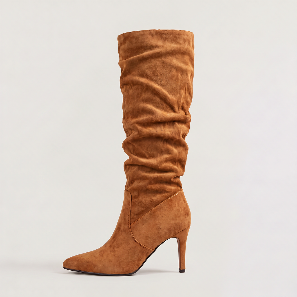 Slouch Knee High Boots Leopard Print Suede-Style Women's Pointed Toe Heel – Casual, Office, Holiday