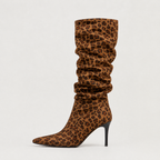 Slouch Knee High Boots Leopard Print Suede-Style Women's Pointed Toe Heel – Casual, Office, Holiday