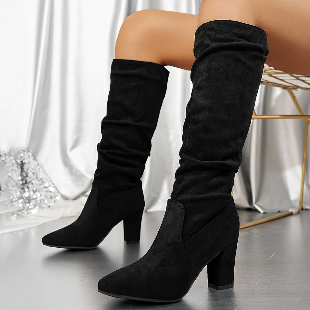 Slouch Knee-High Boots Suede Black Women's Block Heel Pointed Toe – Office, Holiday Outfit