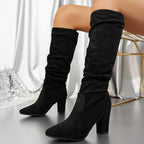Slouch Knee-High Boots Suede Black Women's Block Heel Pointed Toe – Office, Holiday Outfit