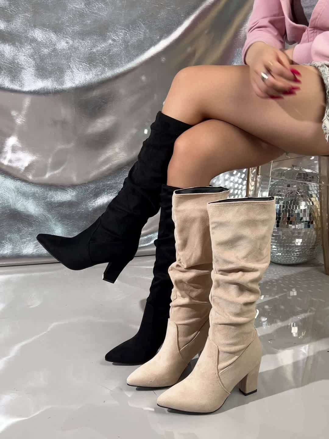 Slouch Knee-High Boots Suede Black Women's Block Heel Pointed Toe – Office, Holiday Outfit