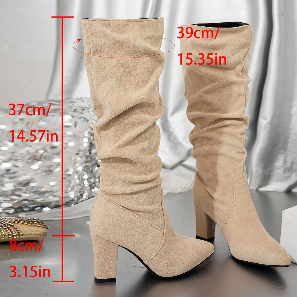 Slouch Knee-High Boots Suede Black Women's Block Heel Pointed Toe – Office, Holiday Outfit