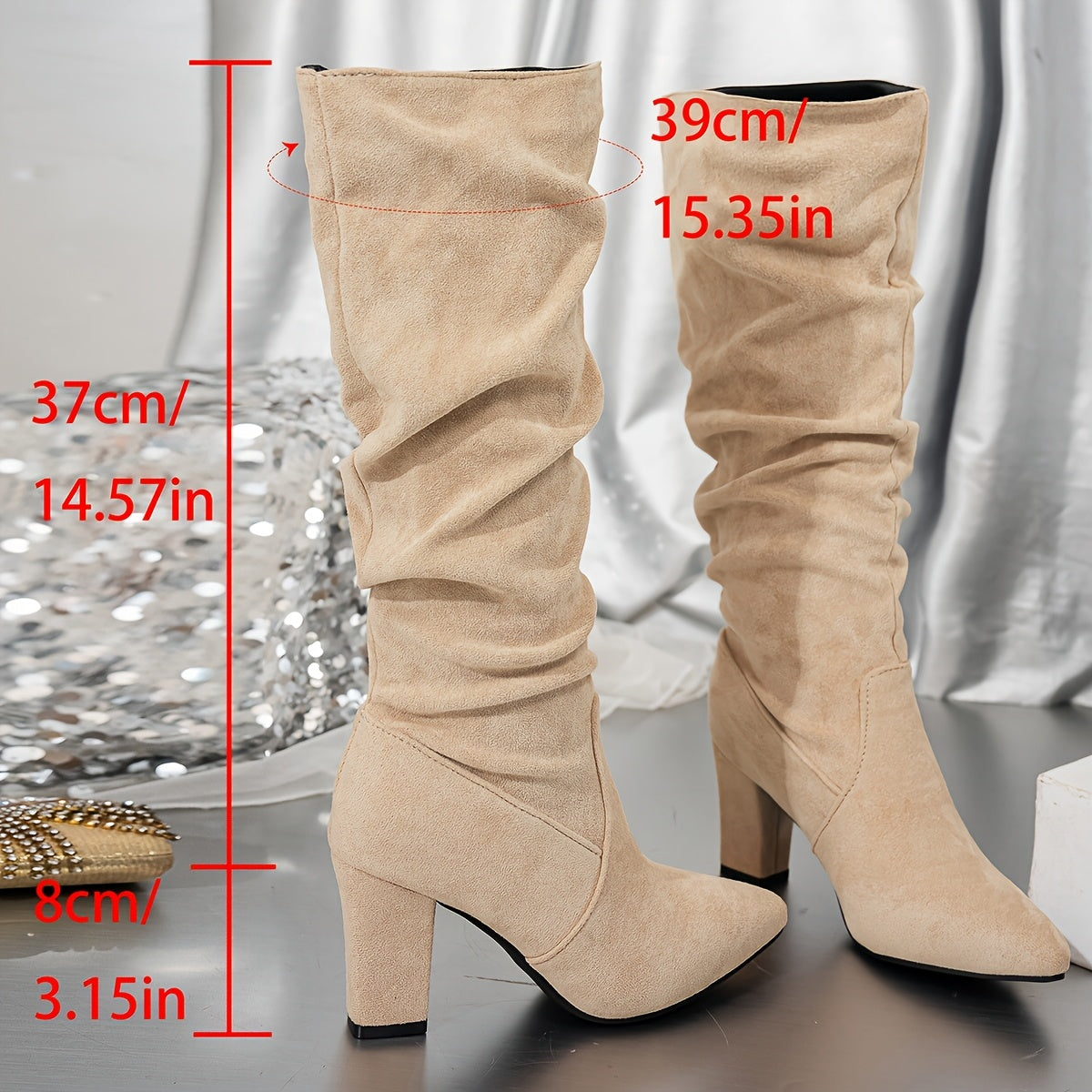 Slouch Knee-High Boots Suede Black Women's Block Heel Pointed Toe – Office, Holiday Outfit