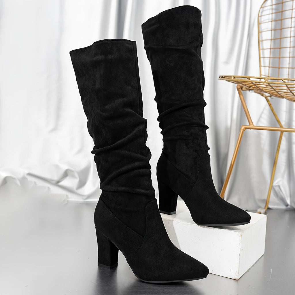 Slouch Knee-High Boots Suede Black Women's Block Heel Pointed Toe – Office, Holiday Outfit