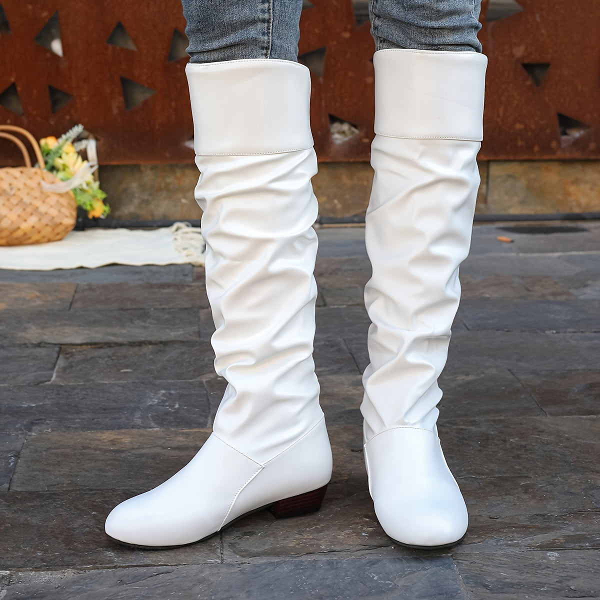 Slouch Knee-High Boots White Faux Leather Women's Low Block Heel – Casual, Office, Holiday, Gift