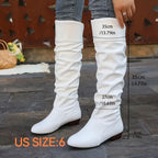 Slouch Knee-High Boots White Faux Leather Women's Low Block Heel – Casual, Office, Holiday, Gift