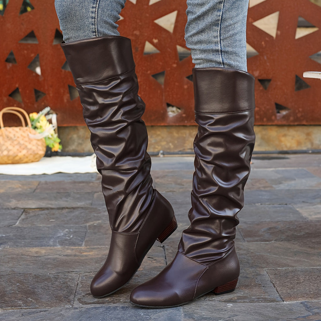 Slouch Knee-High Boots White Faux Leather Women's Low Block Heel – Casual, Office, Holiday, Gift