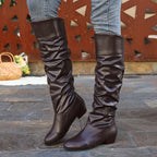 Slouch Knee-High Boots White Faux Leather Women's Low Block Heel – Casual, Office, Holiday, Gift