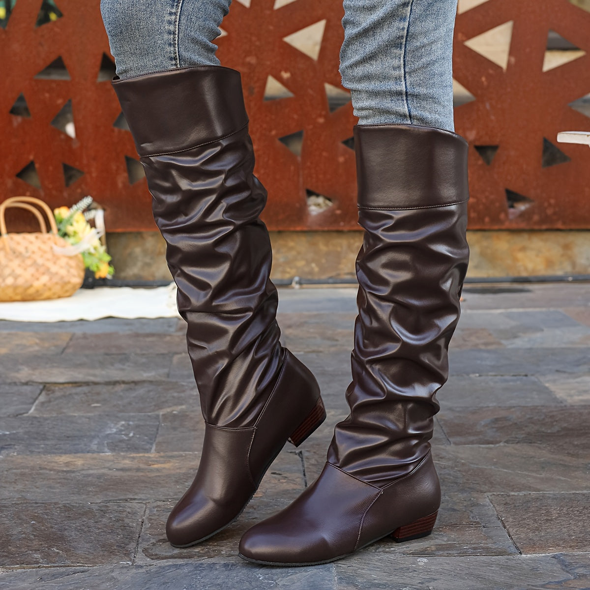 Slouch Knee-High Boots White Faux Leather Women's Low Block Heel – Casual, Office, Holiday, Gift