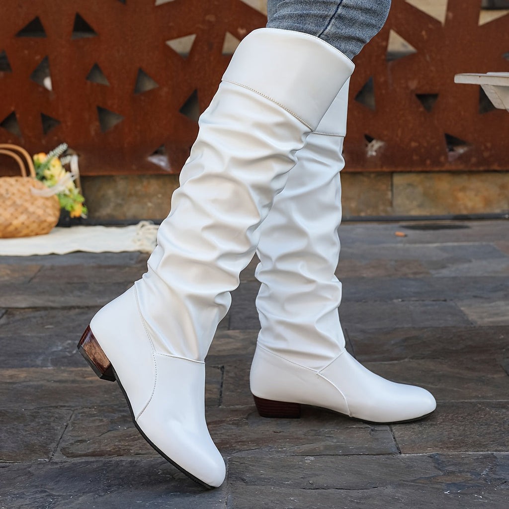 Slouch Knee-High Boots White Faux Leather Women's Low Block Heel – Casual, Office, Holiday, Gift