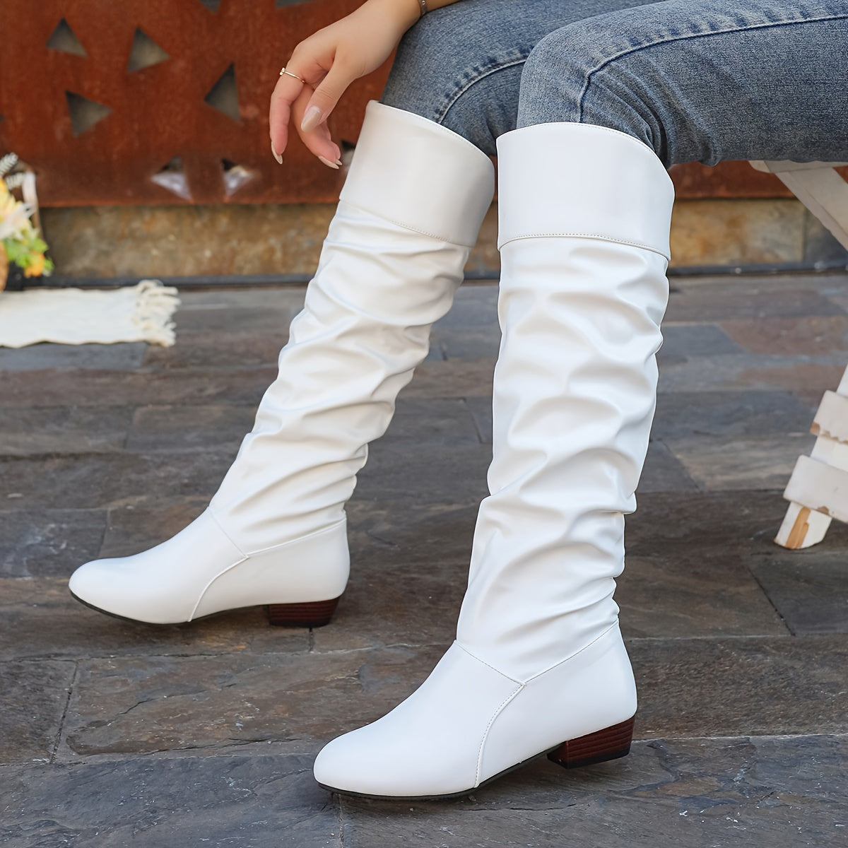 Slouch Knee-High Boots White Faux Leather Women's Low Block Heel – Casual, Office, Holiday, Gift