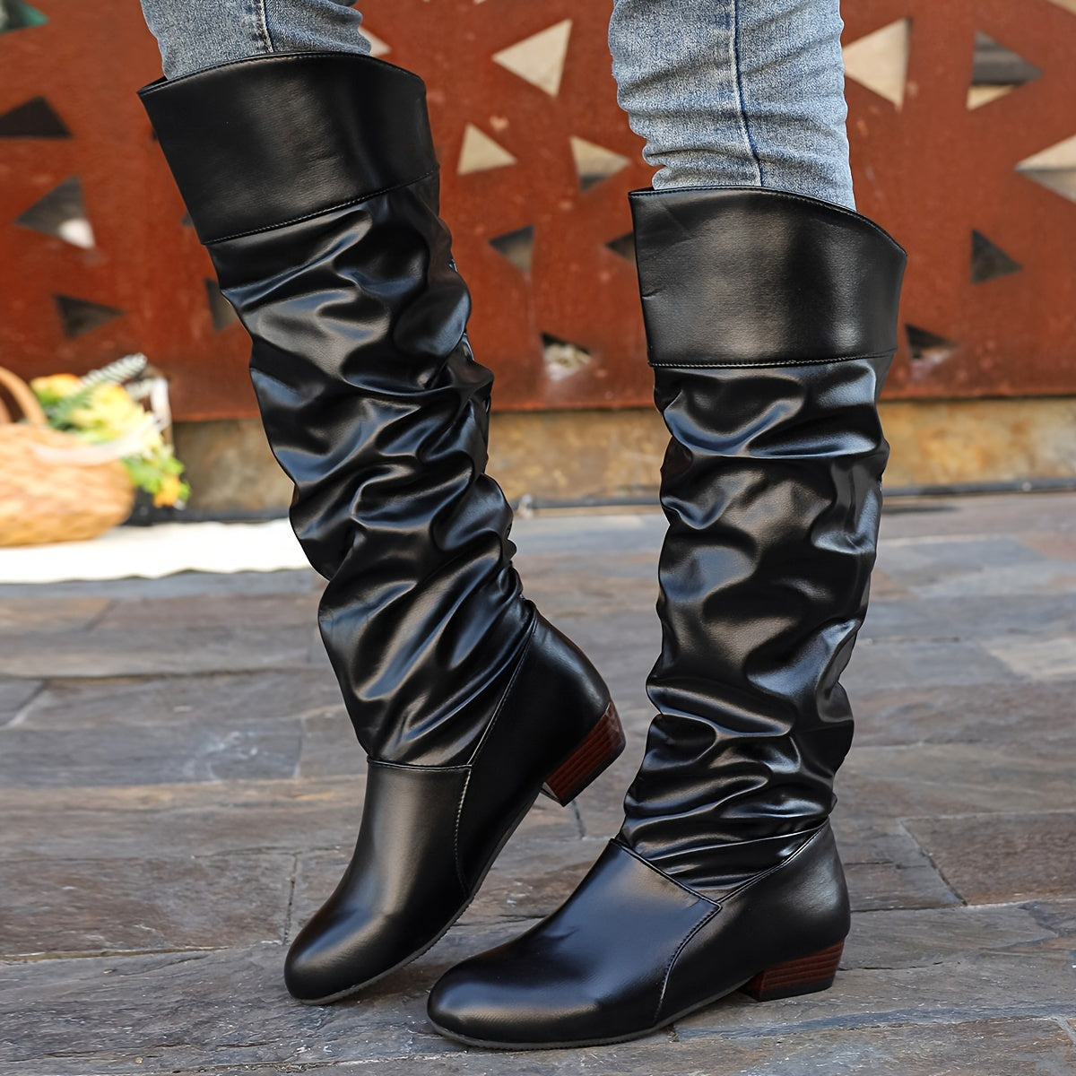 Slouch Knee-High Boots White Faux Leather Women's Low Block Heel – Casual, Office, Holiday, Gift