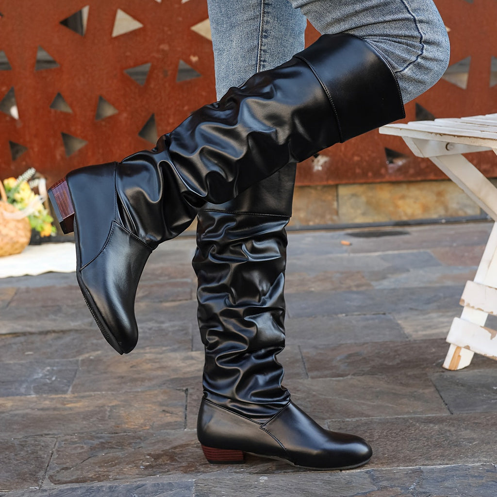Slouch Knee-High Boots White Faux Leather Women's Low Block Heel – Casual, Office, Holiday, Gift