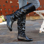 Slouch Knee-High Boots White Faux Leather Women's Low Block Heel – Casual, Office, Holiday, Gift