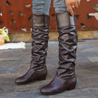 Slouch Knee-High Boots White Faux Leather Women's Low Block Heel – Casual, Office, Holiday, Gift