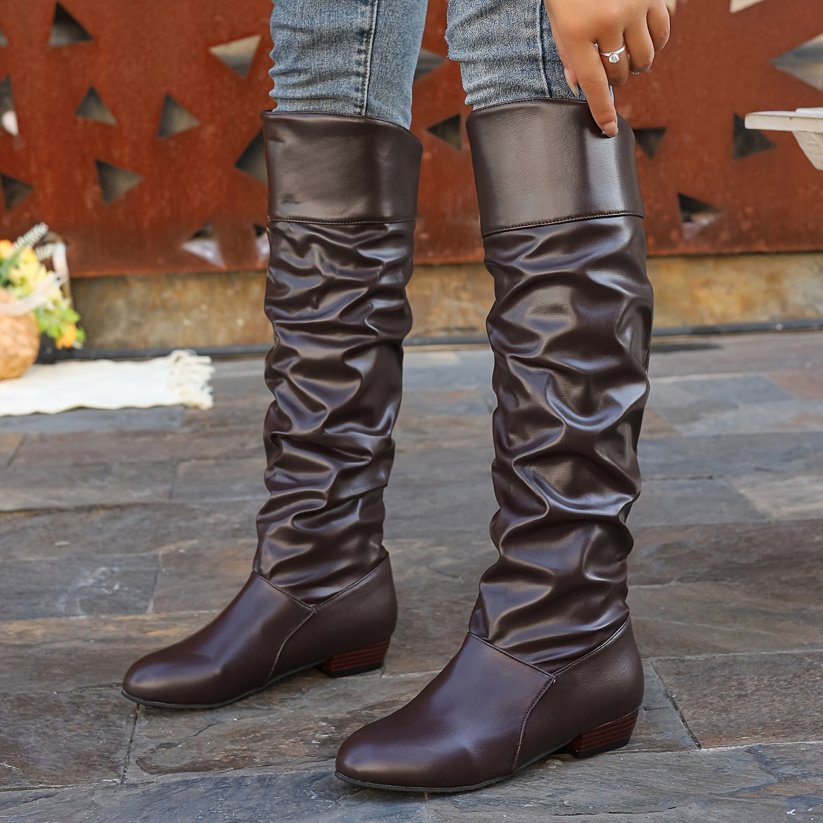 Slouch Knee-High Boots White Faux Leather Women's Low Block Heel – Casual, Office, Holiday, Gift