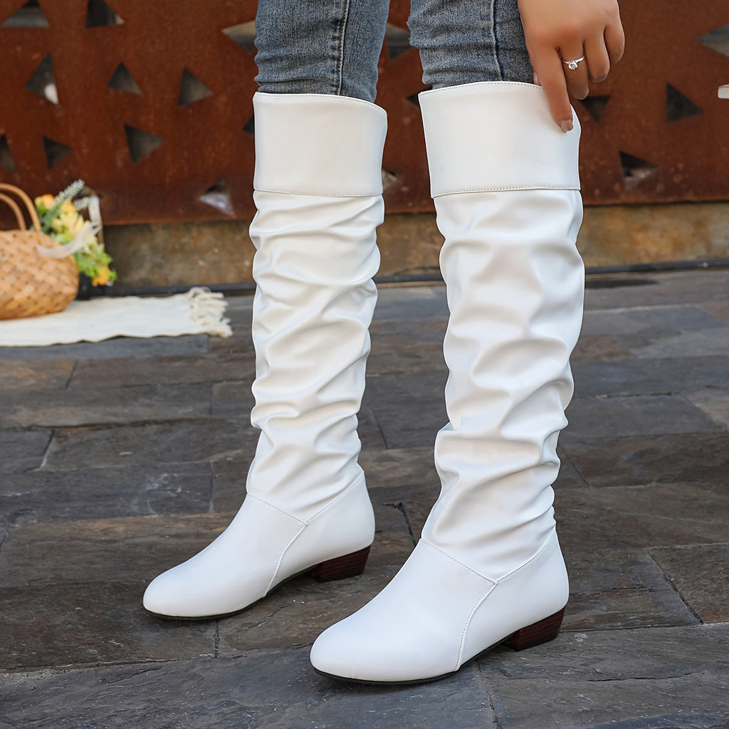 Slouch Knee-High Boots White Faux Leather Women's Low Block Heel – Casual, Office, Holiday, Gift