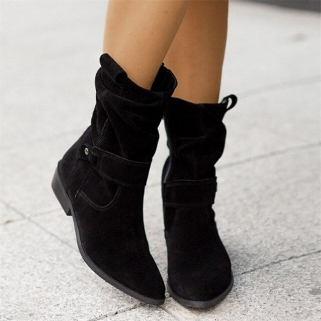 Slouchy Mid-Calf Boots Suede Beige Women's Block Heel Side Zip – Casual, Office, Holiday, Gift