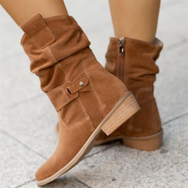 Slouchy Mid-Calf Boots Suede Beige Women's Block Heel Side Zip – Casual, Office, Holiday, Gift