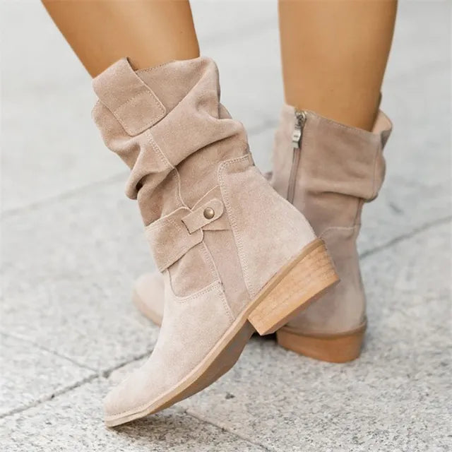 Slouchy Mid-Calf Boots Suede Beige Women's Block Heel Side Zip – Casual, Office, Holiday, Gift