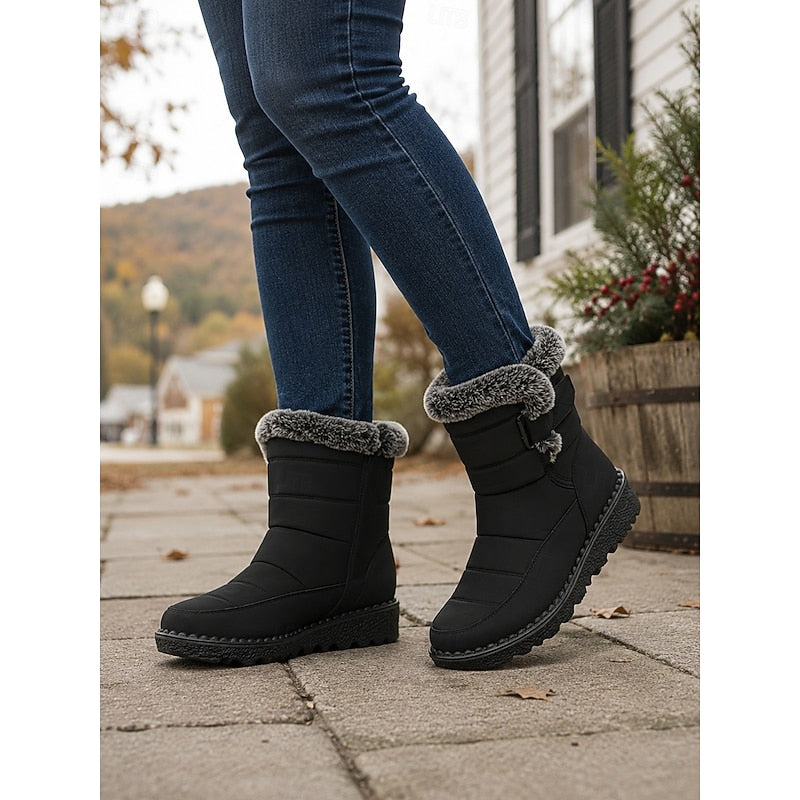 Snow Boots Women's Faux Fur-Trimmed Black Waterproof Mid-Calf – Winter, Casual, Warm, Gift