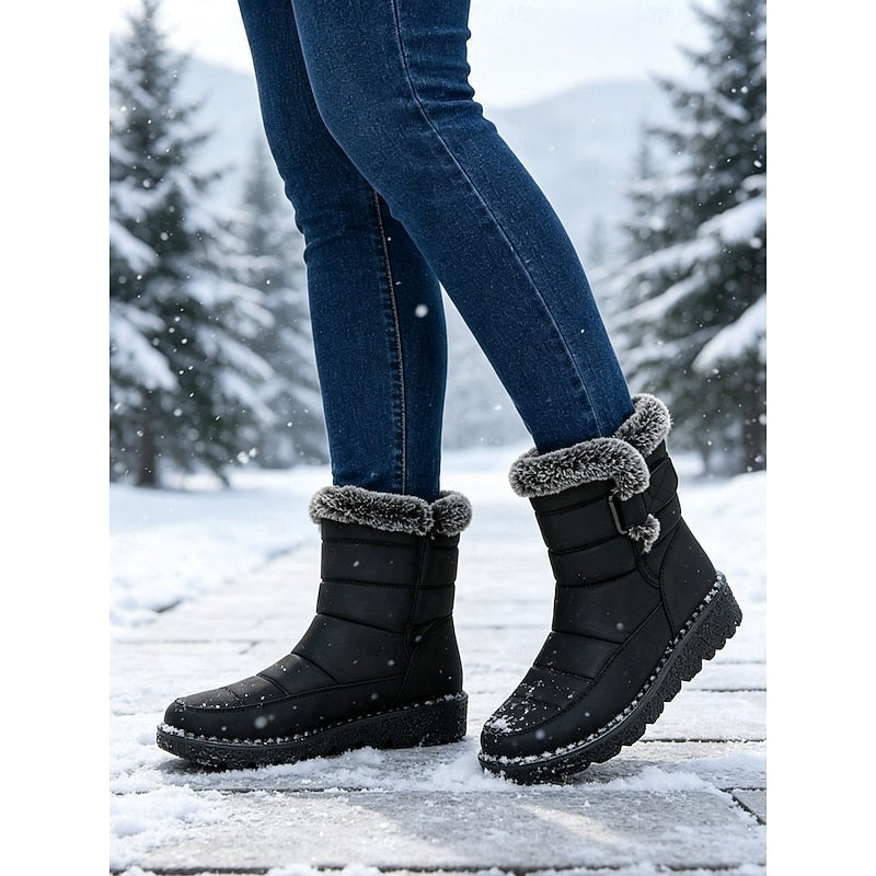 Snow Boots Women's Faux Fur-Trimmed Black Waterproof Mid-Calf – Winter, Casual, Warm, Gift