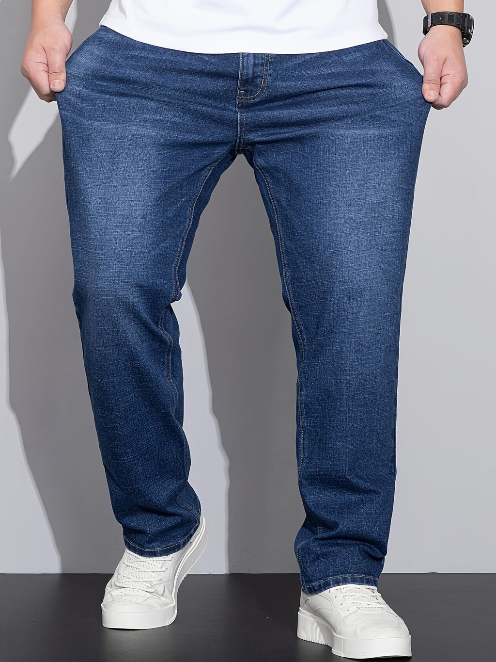 Straight-Leg Jeans Denim Blue Men's Stretch Trousers – Casual, Office, Everyday Wear