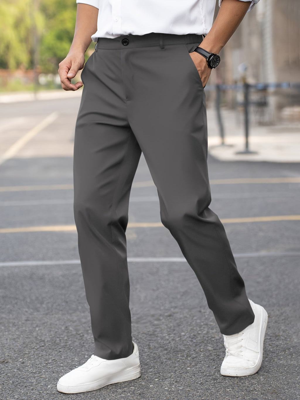Straight-Leg Trousers Men's Tailored Dark Grey Formal Dress Pants – Office, Casual, Smart Wear, Gift