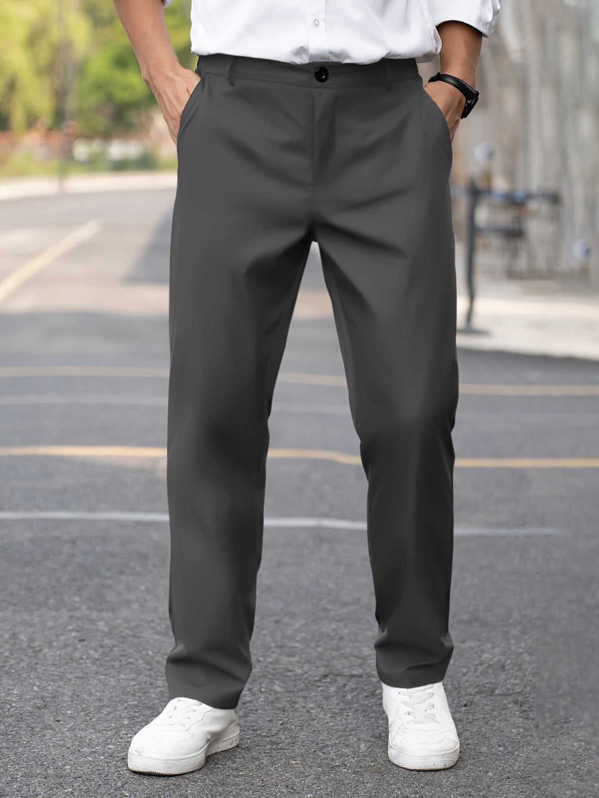 Straight-Leg Trousers Men's Tailored Dark Grey Formal Dress Pants – Office, Casual, Smart Wear, Gift
