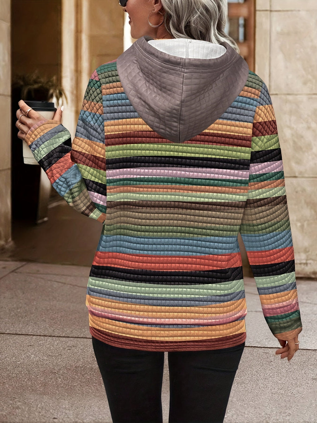 Striped Hoodie Textured Kangaroo Pocket Drawstring Women's – Casual, Everyday Comfort Layering