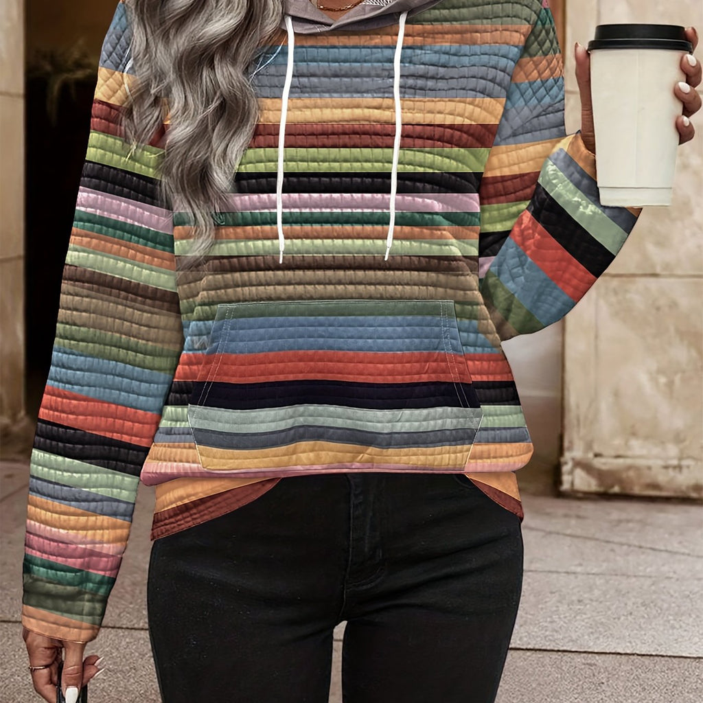 Striped Hoodie Textured Kangaroo Pocket Drawstring Women's – Casual, Everyday Comfort Layering
