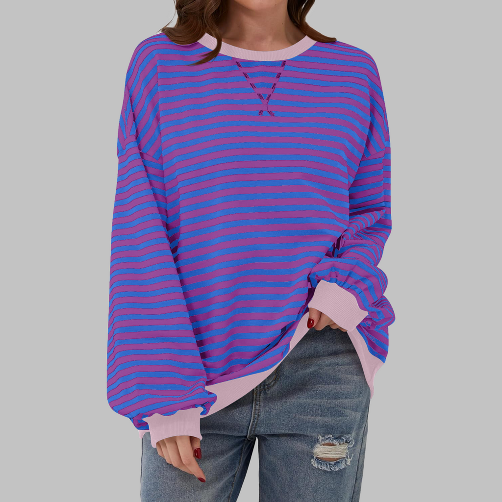 Striped Sweatshirt Oversized Women's Green Navy Crew Neck – Casual, Office, Holiday Gift