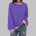 Striped Sweatshirt Oversized Women's Green Navy Crew Neck – Casual, Office, Holiday Gift