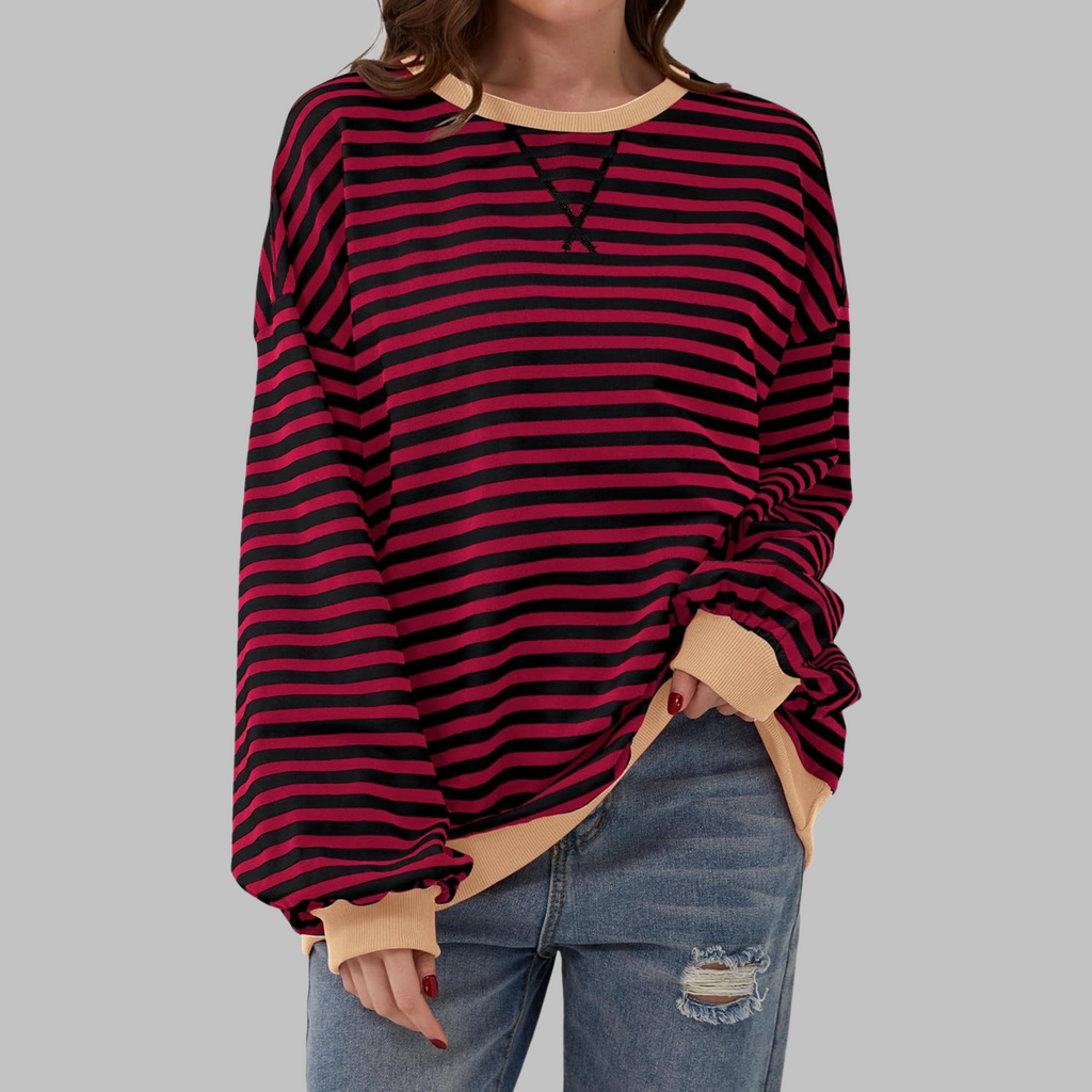 Striped Sweatshirt Oversized Women's Green Navy Crew Neck – Casual, Office, Holiday Gift