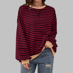 Striped Sweatshirt Oversized Women's Green Navy Crew Neck – Casual, Office, Holiday Gift