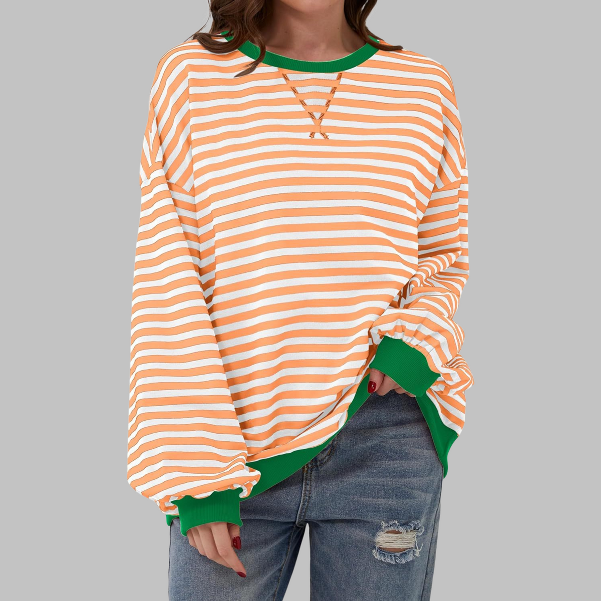 Striped Sweatshirt Oversized Women's Green Navy Crew Neck – Casual, Office, Holiday Gift