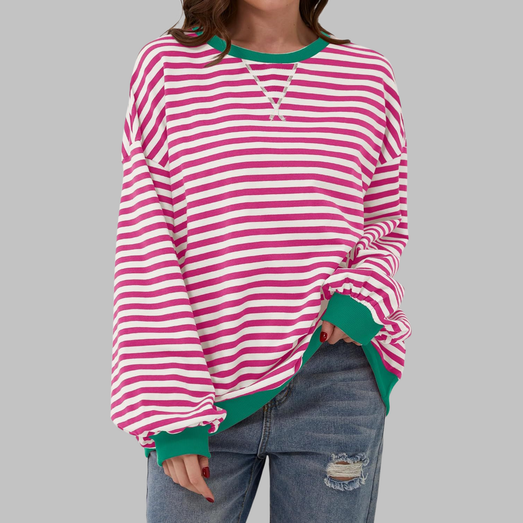 Striped Sweatshirt Oversized Women's Green Navy Crew Neck – Casual, Office, Holiday Gift