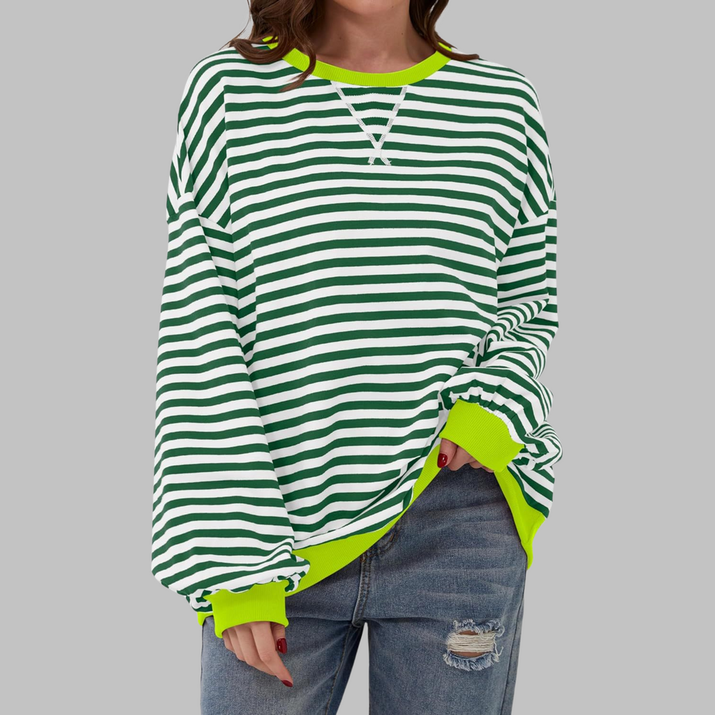 Striped Sweatshirt Oversized Women's Green Navy Crew Neck – Casual, Office, Holiday Gift